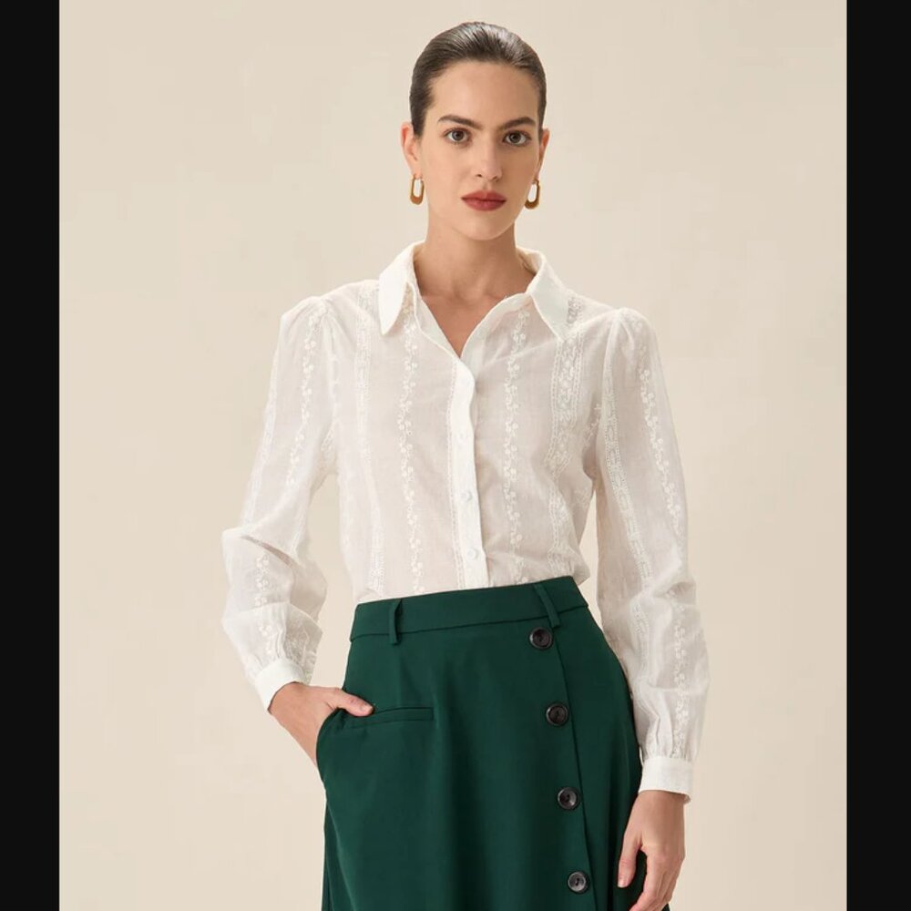 NWOT Rihoas XS White Jacquard Button-Up Shirt
